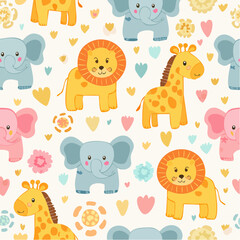 Naklejka premium Delightful seamless pastel safari animal pattern with baby elephants, giraffes, and lions. Cute cartoon vector design for nursery fabrics, kids’ wallpapers, and jungle-inspired decor.