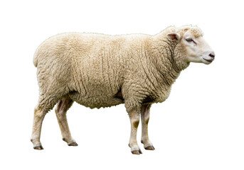 Isolated sheep stands in profile, looking right, with a thick coat of off-white wool