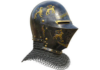 Isolated helmet with chainmail aventail is traditional head protection of a knight