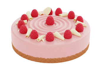 Isolated raspberry cake with a cookie crumb crust decorated with fresh raspberries and chocolate curls