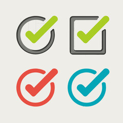 A collection of four check mark icons in different colors and shapes indicating confirmation or completion