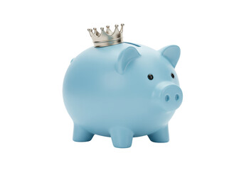 Isolated Light Blue Piggy Bank with a Silver Crown, Money Savings and Success Concept