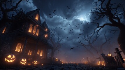 3D cartoon spooky Halloween night with haunted house, glowing jack-o'-lanterns, dark fog and bats flying under full moon, cinematic ultra detailed rendering.