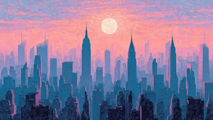 Pastel-hued cityscape at dawn, hazy skyscrapers silhouetted against a large, pale sun and soft pink and purple sky