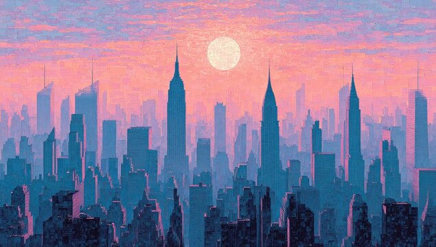 Pastel-hued cityscape at dawn, hazy skyscrapers silhouetted against a large, pale sun and soft pink and purple sky - Powered by Adobe