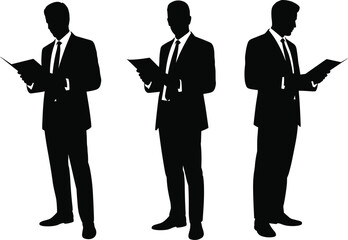 Businessman silhouette poses – vector set of formal stances with documents for corporate presentation, meeting, decision-making, and office design