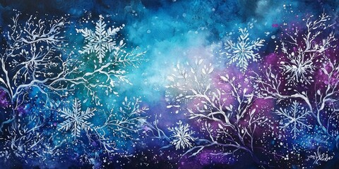 Fototapeta premium Unique crystalline snowflakes drift over a midnight blue sky.