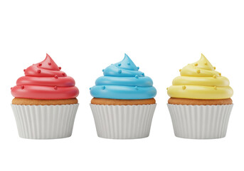 Isolated cupcakes with colorful frosting and candy toppings stand in a neat row, cheerful
