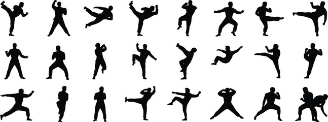 Martial arts silhouette poses &ndash; vector set of combat stances, kicks, punches, and defensive movements for training, choreography, and design