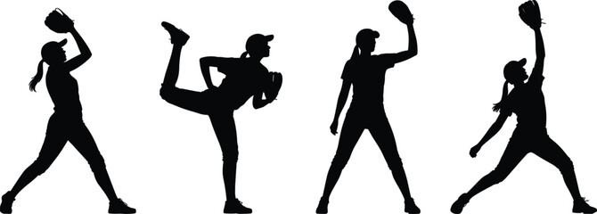 Silhouette illustration of female softball players in different action poses throwing, pitching, and catching ball, isolated vector sports design art