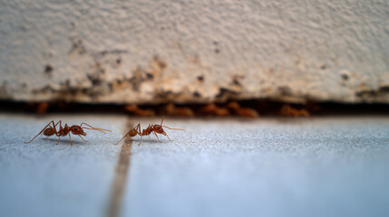 Close-Up of Red Ants on Floor Near Wall