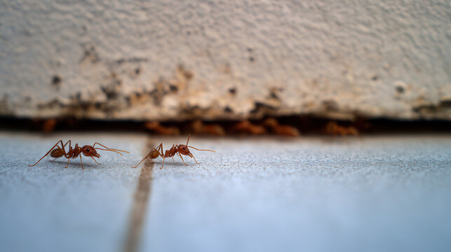 Close-Up of Red Ants on Floor Near Wall