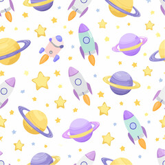 Fun seamless baby space pattern with rockets, planets, and smiling stars on pastel purple. Cute cartoon vector design perfect for nursery textiles, wallpapers, and playful space kids&rsquo; decor.