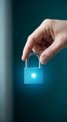 Hand holds padlock demonstrating security in digital technology