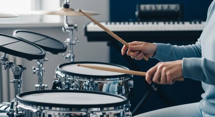 Drum set playing in music studio