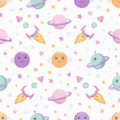 Fun seamless baby space pattern with rockets, planets, and smiling stars on pastel purple. Cute cartoon vector design perfect for nursery textiles, wallpapers, and playful space kids’ decor.