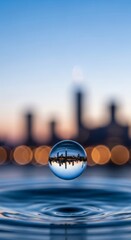 Cityscape Reflects Within Water Drop at Dusk