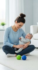 Mother interacts with baby in bright living room