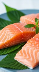 Salmon fillets display freshness on plate