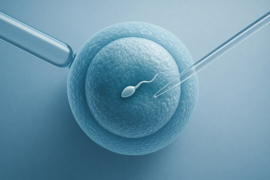 Top view of sperm cell and injection pipette entering oocyte. Concept of IVF laboratory procedure for infertility treatment. Can be used in education, healthcare, digital media.