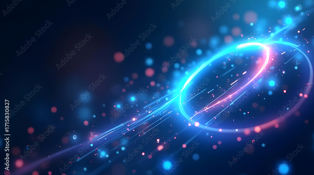 Poster minimal geometric rings overlapping with neon particles, abstract communication network abstract tec
