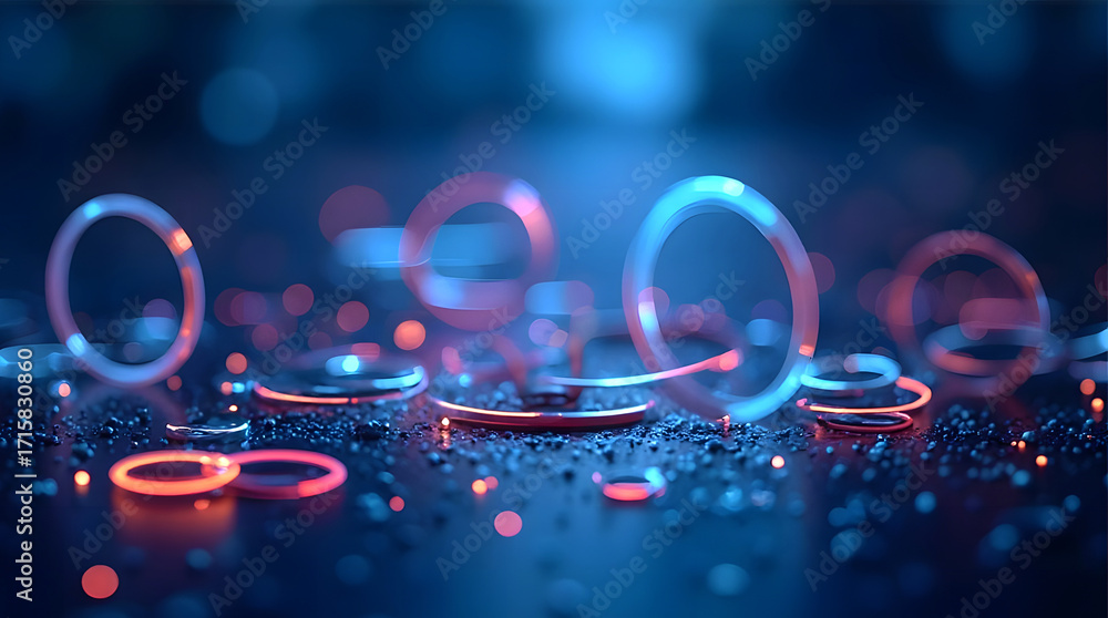 Poster minimal geometric rings overlapping with neon particles, abstract communication network abstract tec