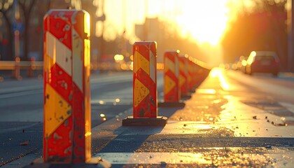 Row of Orange and White Striped Traffic Barriers on Wet Roadway with Bright Sunlight and Blurred Background