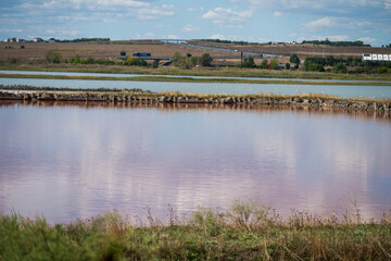 Pink-hued lake surrounded by grassy terrain and distant buildings under a partly cloudy sky.
