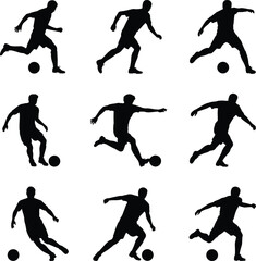 Soccer player silhouette vector set showing dynamic football poses, kicking, dribbling, running actions for sports design and education use