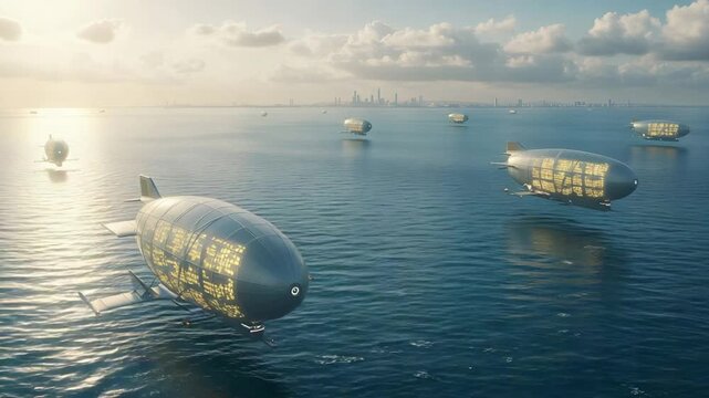 Floating airships over water