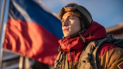 Determined young male pilot wearing vintage aviation helmet and red jacket looking toward horizon with Russian flag waving in background during golden hour