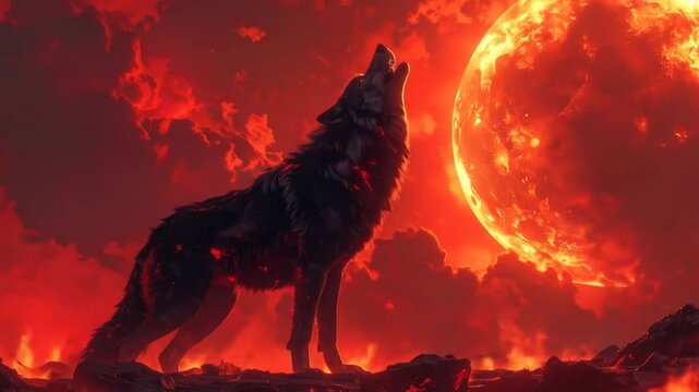 Wolf Howling at Fiery Moon in Red Landscape