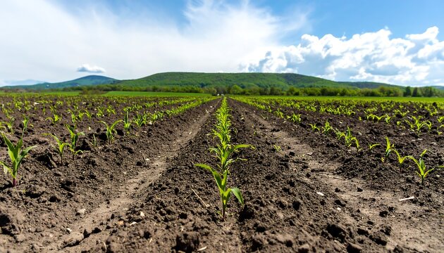 Young corn sprouts in rows
