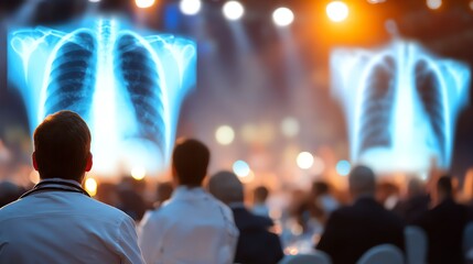 An audience views large illuminated x-ray images of the human chest during a medical conference, evoking a sense of scientific inquiry and the complexities of the body.