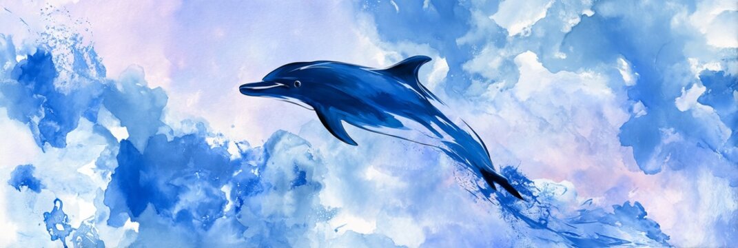 Majestic dolphin leaping through vibrant blue watercolor waves. - Powered by Adobe