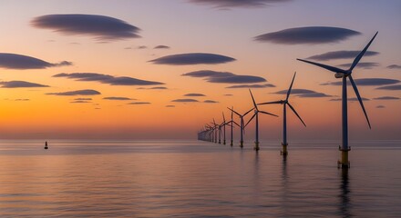 Offshore wind turbines at sunset with dramatic clouds over the ocean