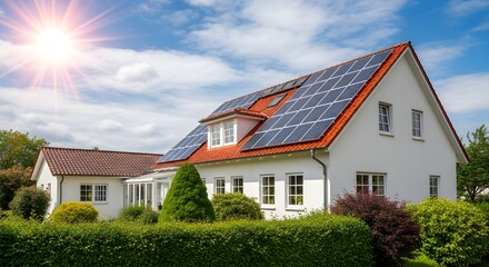 Obraz premium Modern white house with solar panels on the roof under a sunny sky