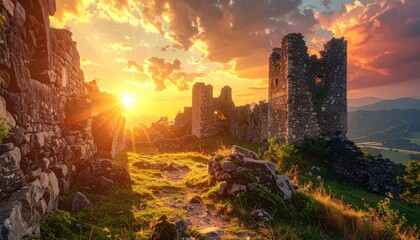 Fototapeta premium Ruin Walls at Sunset With Glowing Sunlight and Warm Tones, Cinematic HDR Drone Photography Showing Ultra Sharp Detail, Scenic Landscape View With Lush Greenery