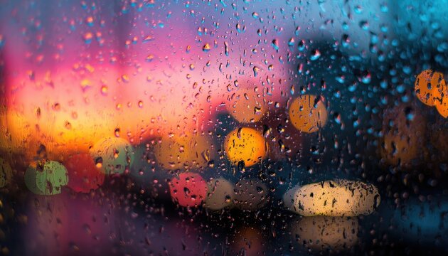 Rain-streaked window reveals a blurred, colorful cityscape at dusk; vibrant bokeh lights shine through water droplets