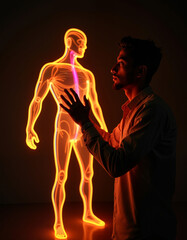 Man interacting with glowing human hologram in darkness