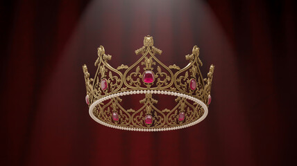 A photorealistic rendering of an ornate medieval crown floating against a red background