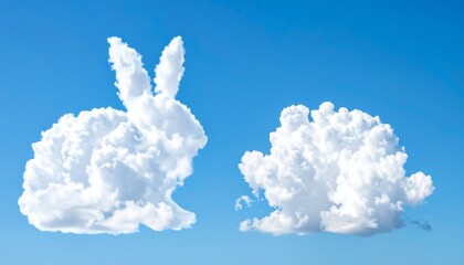 Fluffy clouds shaped like a rabbit and a cumulus cloud against a clear blue sky