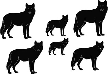 Wolf silhouette vector set, black animal shapes, size comparison, standing pose, wildlife illustration, predator icon, forest creature, nature art, realistic anatomy