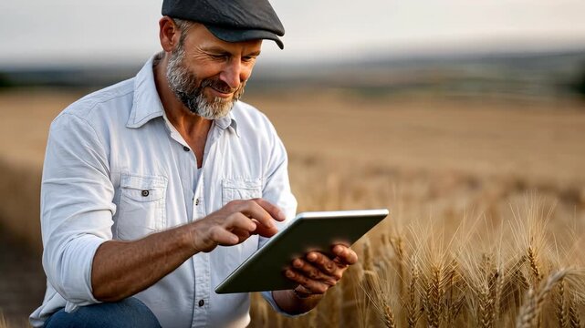 A farmer interacts with a tablet while sitting in a wheat field, enjoying the sunset and the beauty of the landscape