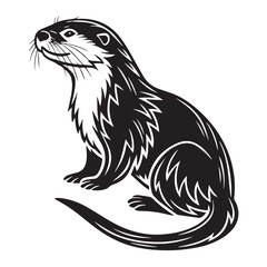 A charming otter sits upright, its sleek fur and playful expression rendered in striking black and white, isolated on white background, capturing the essence of this aquatic mammal