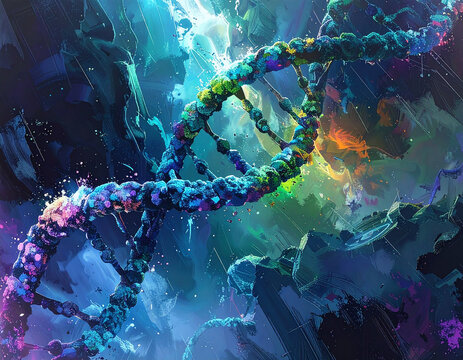 Colorful D N A helix structure with abstract background molecule science