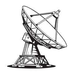 A large satellite dish stands tall, its intricate framework and parabolic reflector depicted in detailed black lines, isolated on white background, symbolizing communication and technology