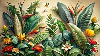 Obraz premium Vibrant tropical jungle foliage with exotic flowers and colorful birds, a lush and dense botanical arrangement