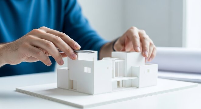 Architect meticulously crafting a white architectural model with a precision tool.