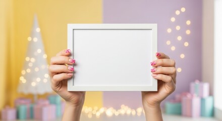 Obraz premium Woman holding a blank white frame for greeting card mock up with Christmas tree and string lights. New Year present backdrop.